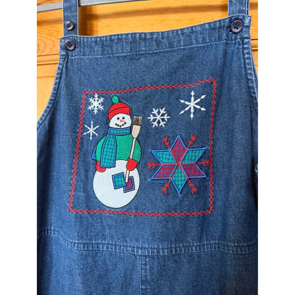 Westbound Petites Denim Snowman Jumper Dress Blue Cotton Embroidered PL Vintage - Picture 2 of 7
